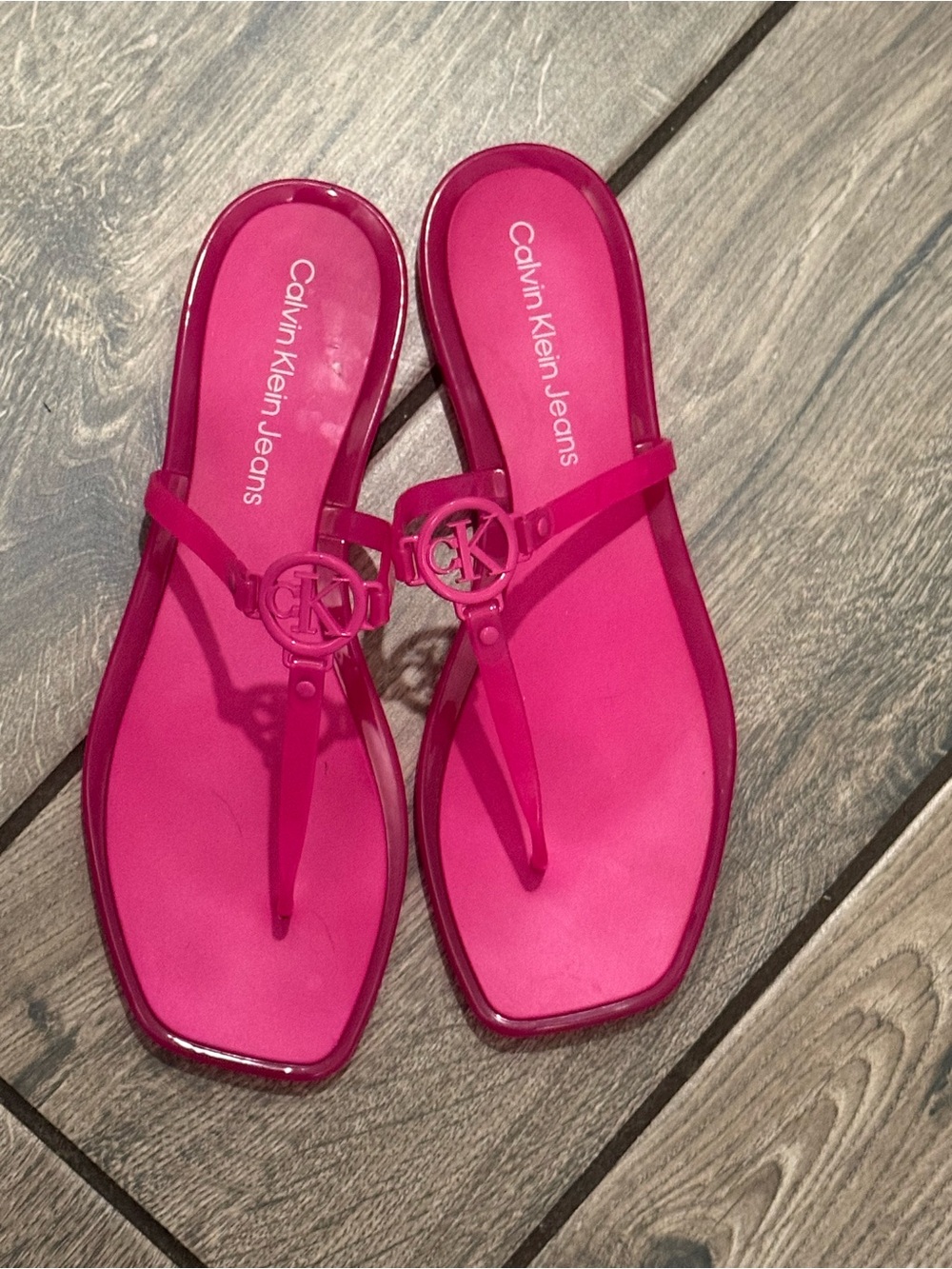 Calvin Klein Jeans Hot Pink Jelly T-Strap Sandals